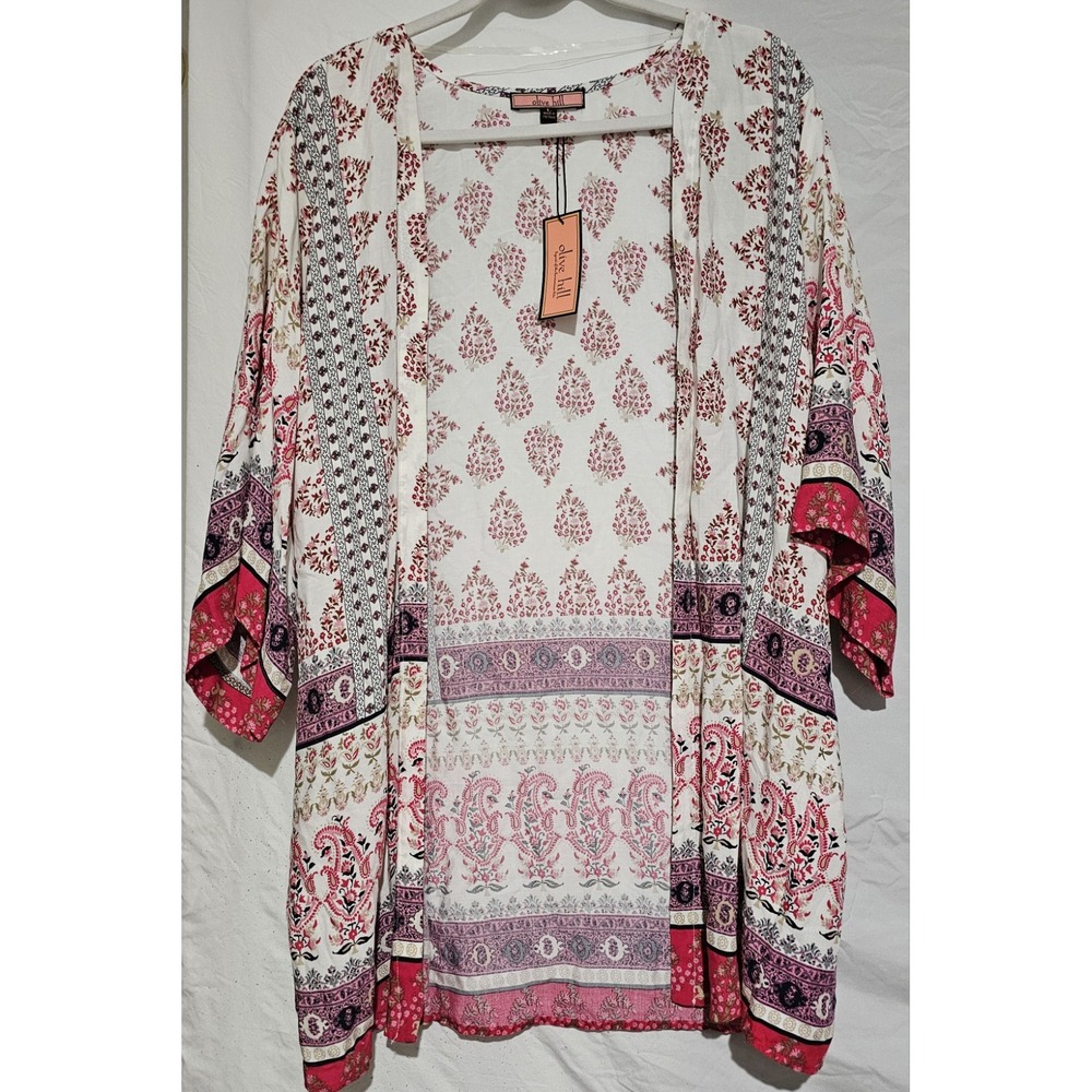 Olive Hill New With Tags Colorful Kimono/Swimsuit Coverup Pinks White Tan Olive